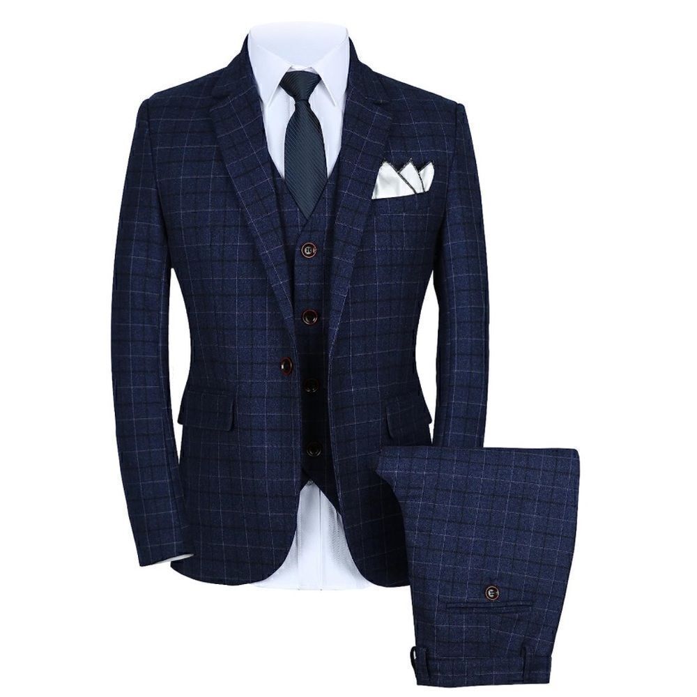 Men’s Mogu Blue Plaid 3 Piece Slim Fit Suit Jacket 40 Pants 36 NWT